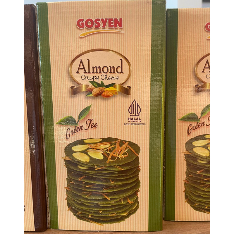 

gosyen almond crispy tersedia dalam beberapa varian rasa ada grentee,cokelat,keju.