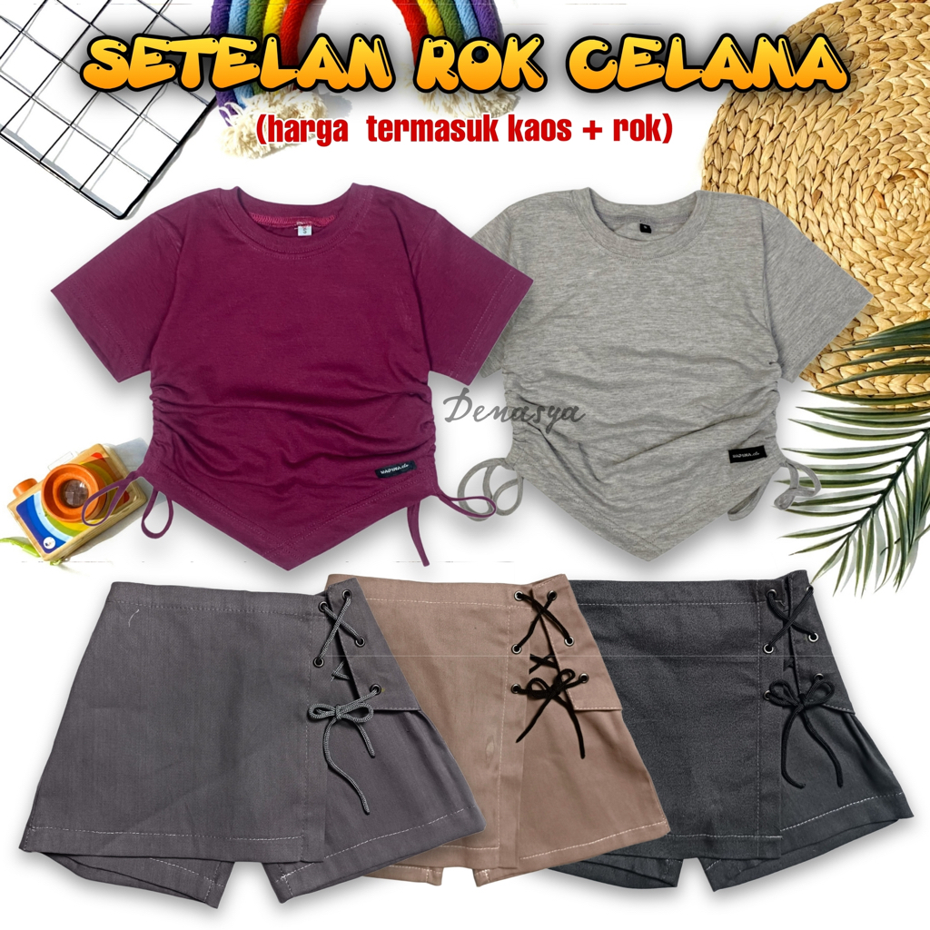 SETELAN PENDEK ANAK PEREMPUAN / ROK CELANA KATUN PENDEK BEST SELLER / KAOS ATASAN SERUT CROPTOP USIA