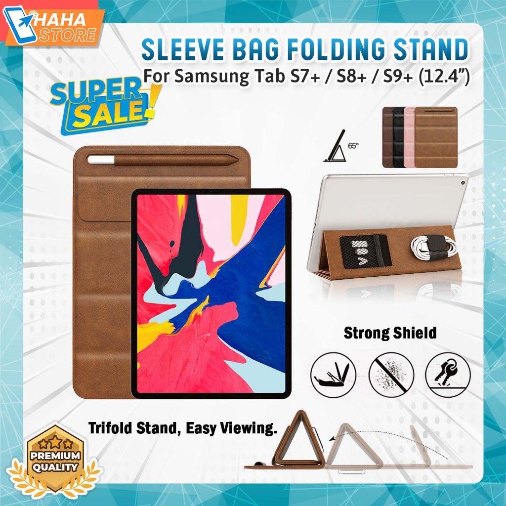 Samsung Tab S7 S8 S9 FE Plus 12.4 inch Sleeve Bag Tablet Stand Folding Trifold Case PU Leather Tas P