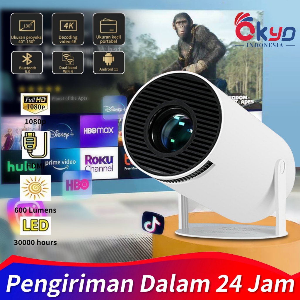 Proyektor HY300 8K Ultra HDMI 1080p Android 11.0 WiFi Bluetooth Telepon Wireless Smart Proyektor