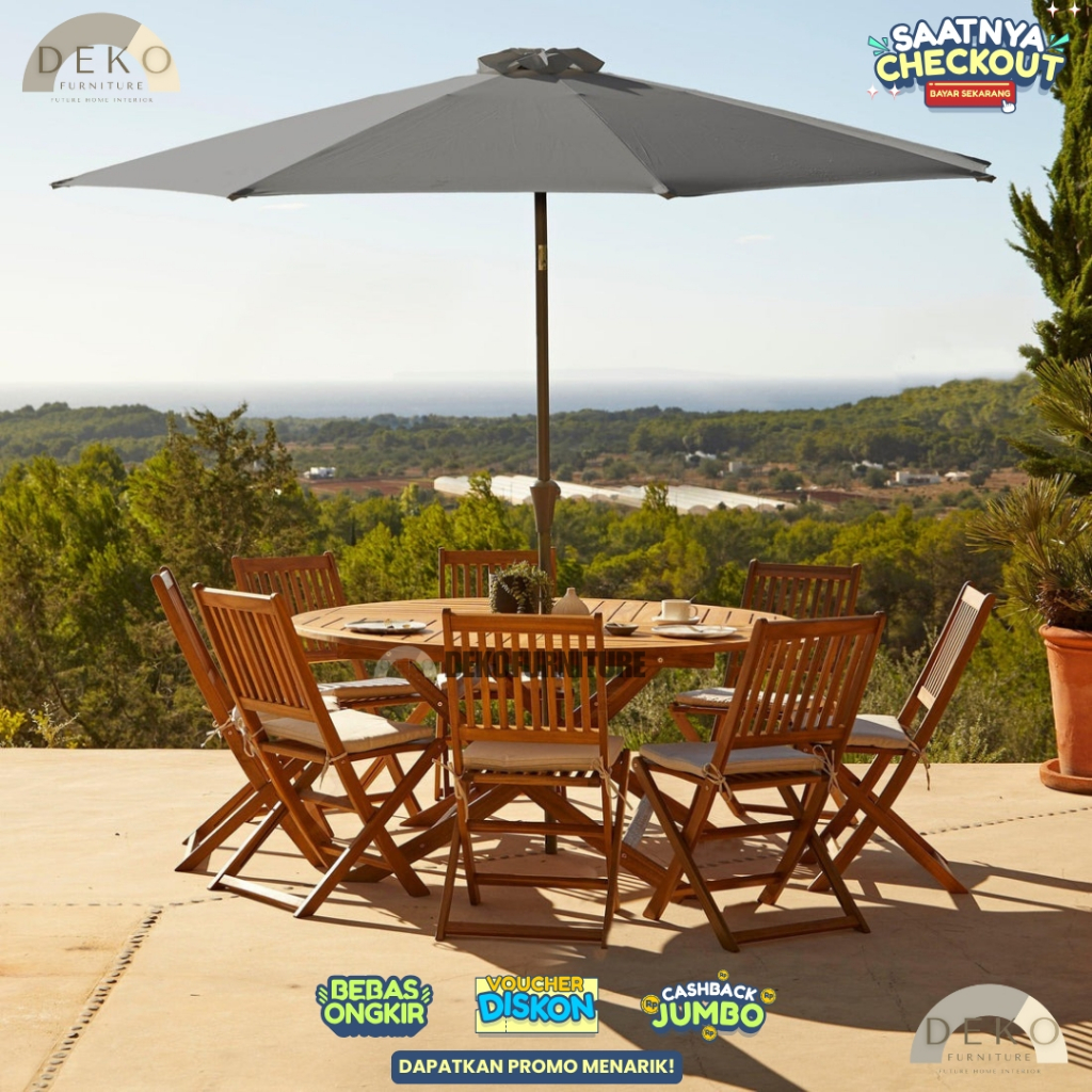 Set Meja Taman Kayu Lipat dengan Payung dan Kursi Outdoor