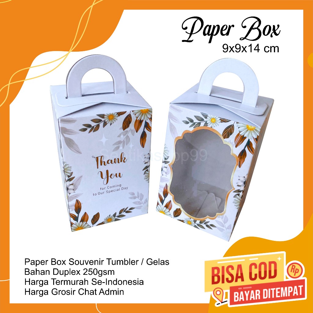 

Box Souvenir 9x9x14 Dus Paper Botol Kotak Mika Pernikahan Duplex Tenteng