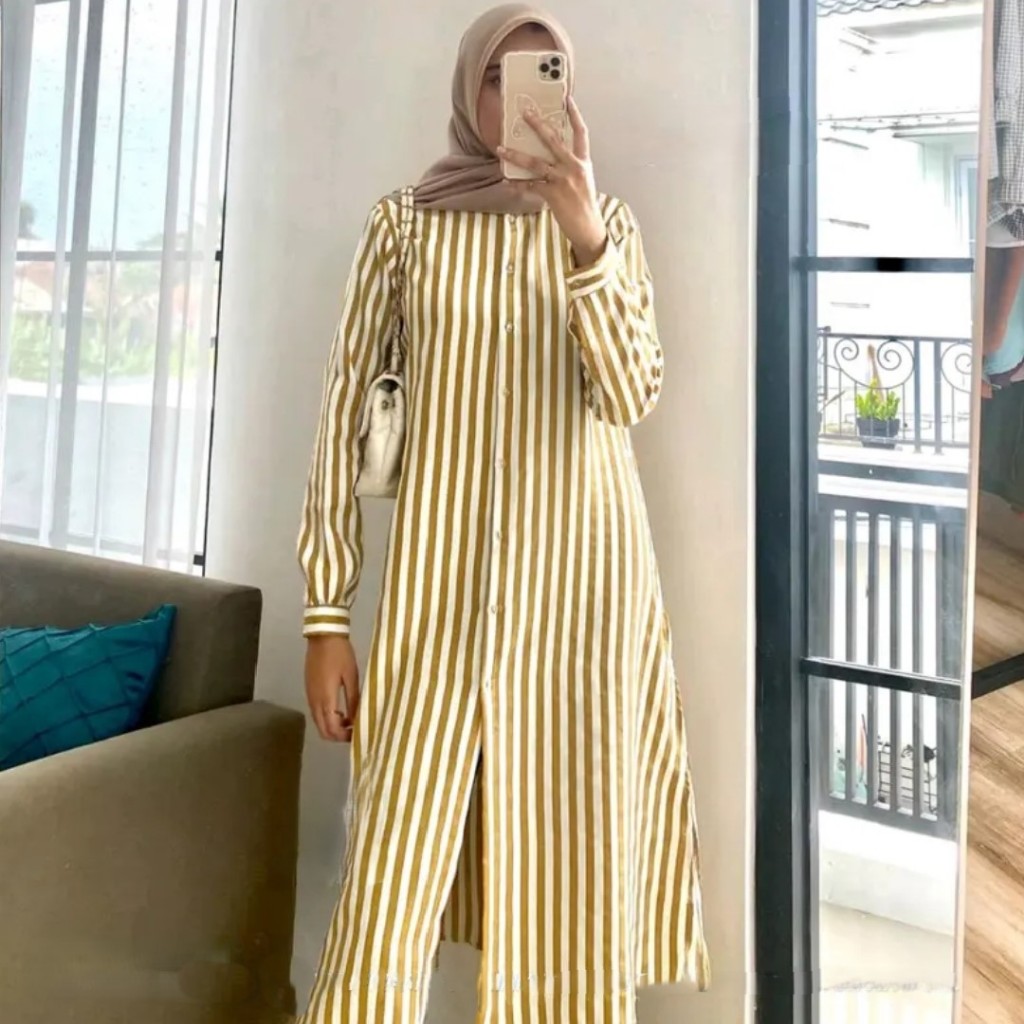 Baju Tunik Atasan Salur Jumbo Wanita Bahan Poly Rayon Salur LD110 Lengan Panjang