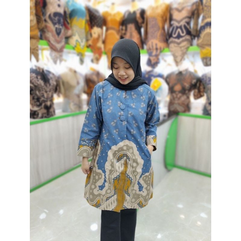 Batik Tunik ABIMANYU Pekalongan lengan 7/8 model kancing depan full By Qistina Batik