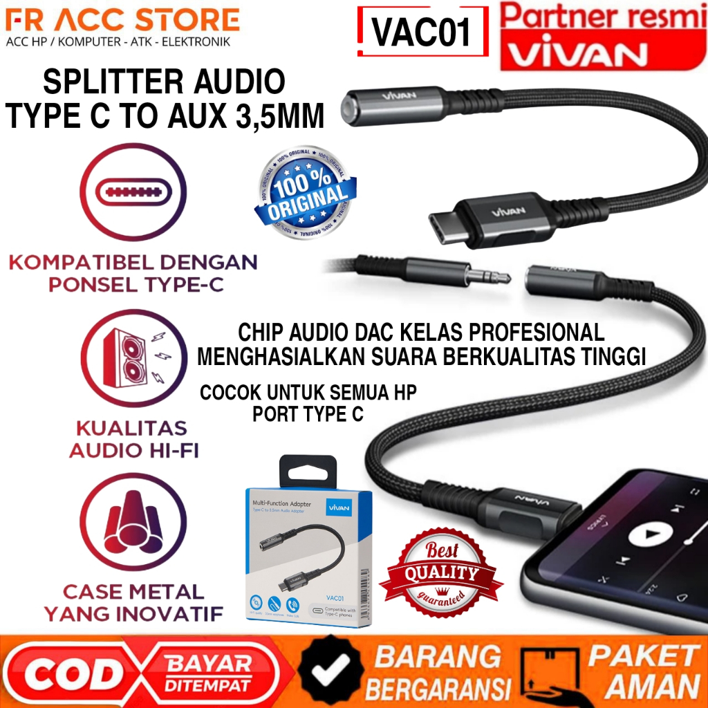 Type C to Audio Jack 3.5 Splitter Audio TYPE C VIVAN VAC01 TYPE C TO AUX 3,5MM Splitter DAC Type C A