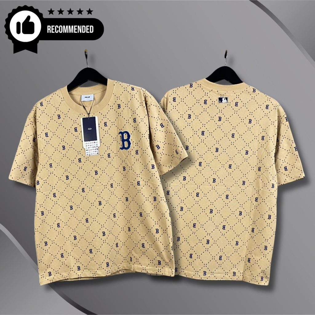 Baju Kaos MLB Monogram Boston In Beige Tee Baju Kaos Atasan Pria & Wanita Unisex MLB Monogram Boston