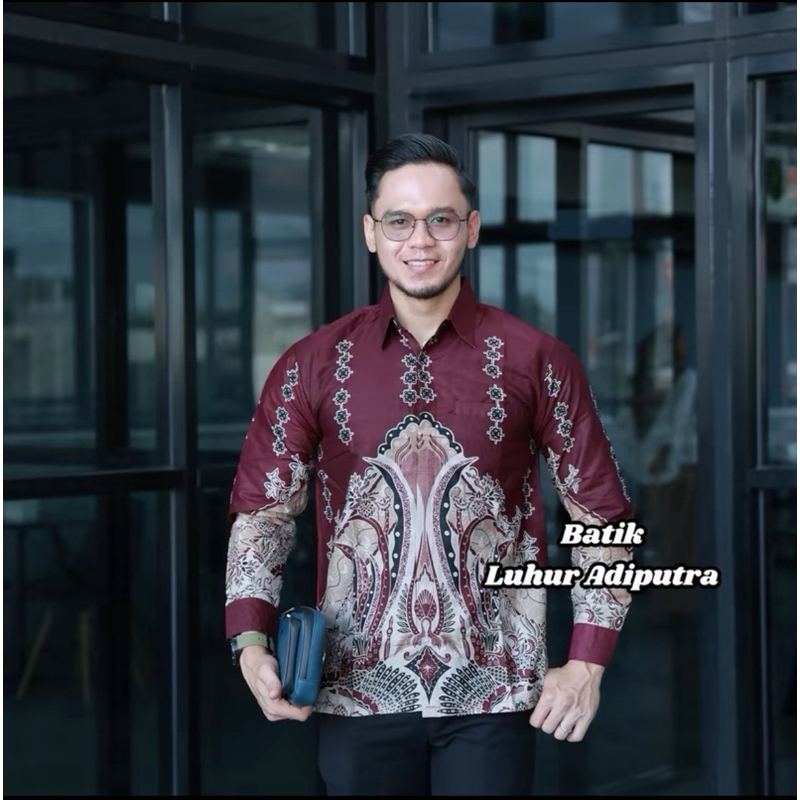 BURGUNDY GUNUNGAN KEMEJA BATIK PRIA BAHAN KATUN PRIMA PREMIUM LENGKAP UKURAN S/5L