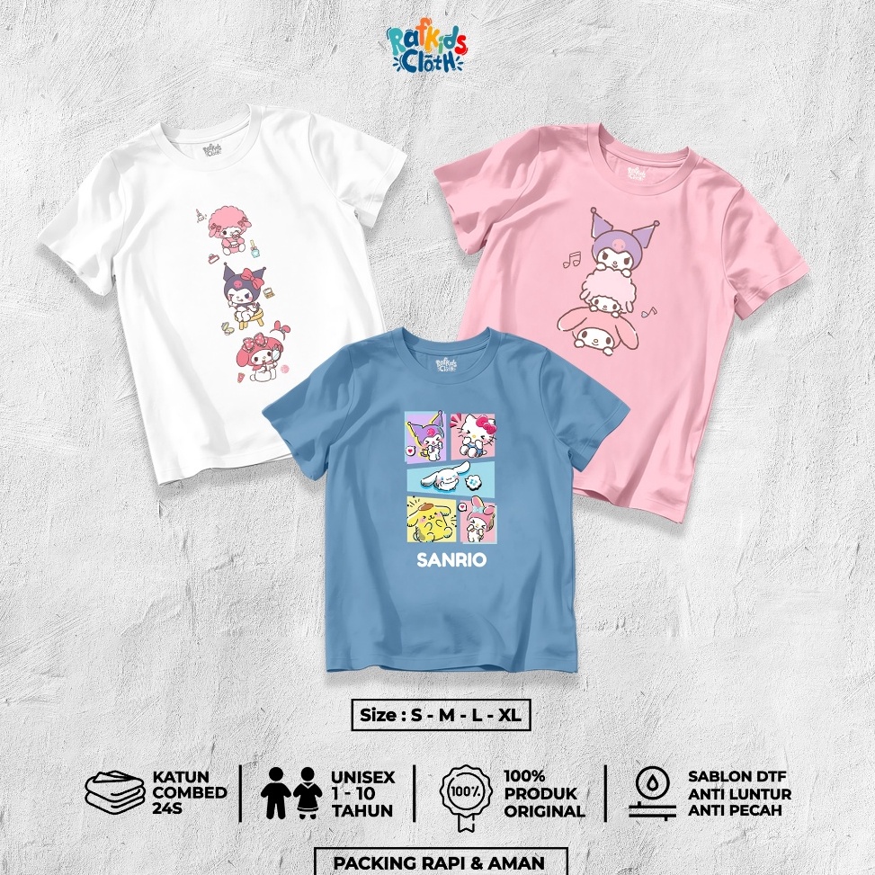 KODE W4J Baju Anak Perempuan Kaos Tangan Pendek Umur 11 Tahun Gambar Sanrio Katun Combed 24s Viral K
