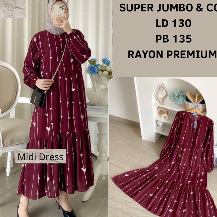 KUALITAS TERJAMIN  MIDI DRESS JUMBO MOTIF SALUR LOVE RAYON PREMIUM LENGAN PANJANG BUSUI KOREAN STYLE