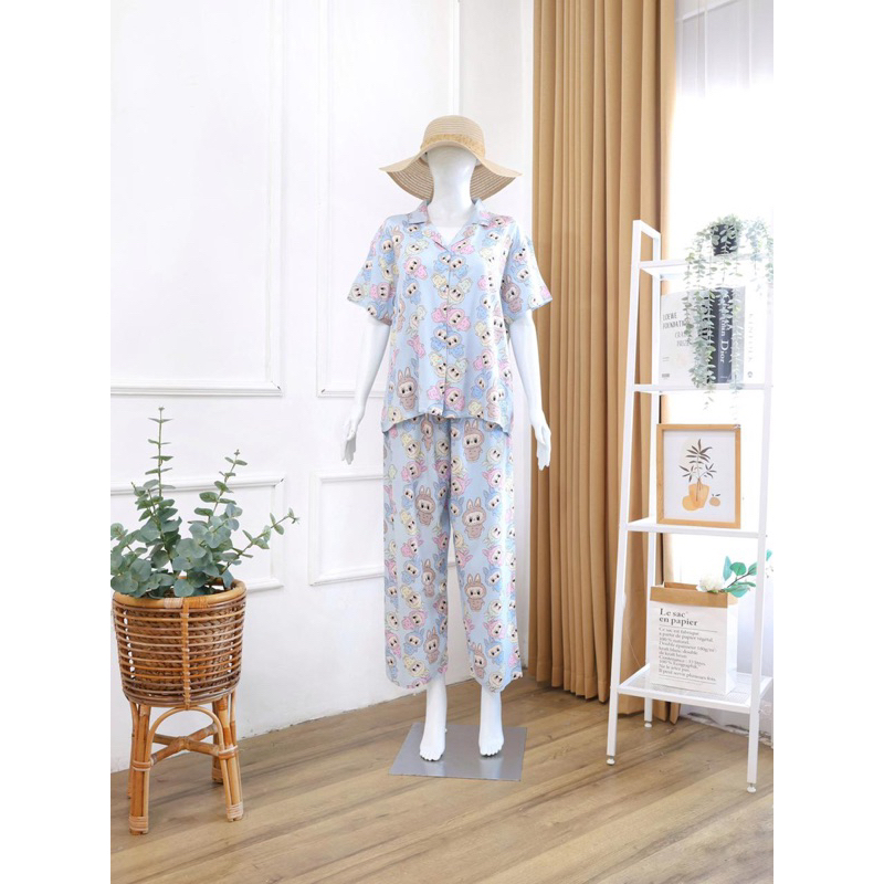 One set piyama kerah lengan pendek celana panjang|Salsa Oneset piyama|Piyama labubu|Setelan daster l