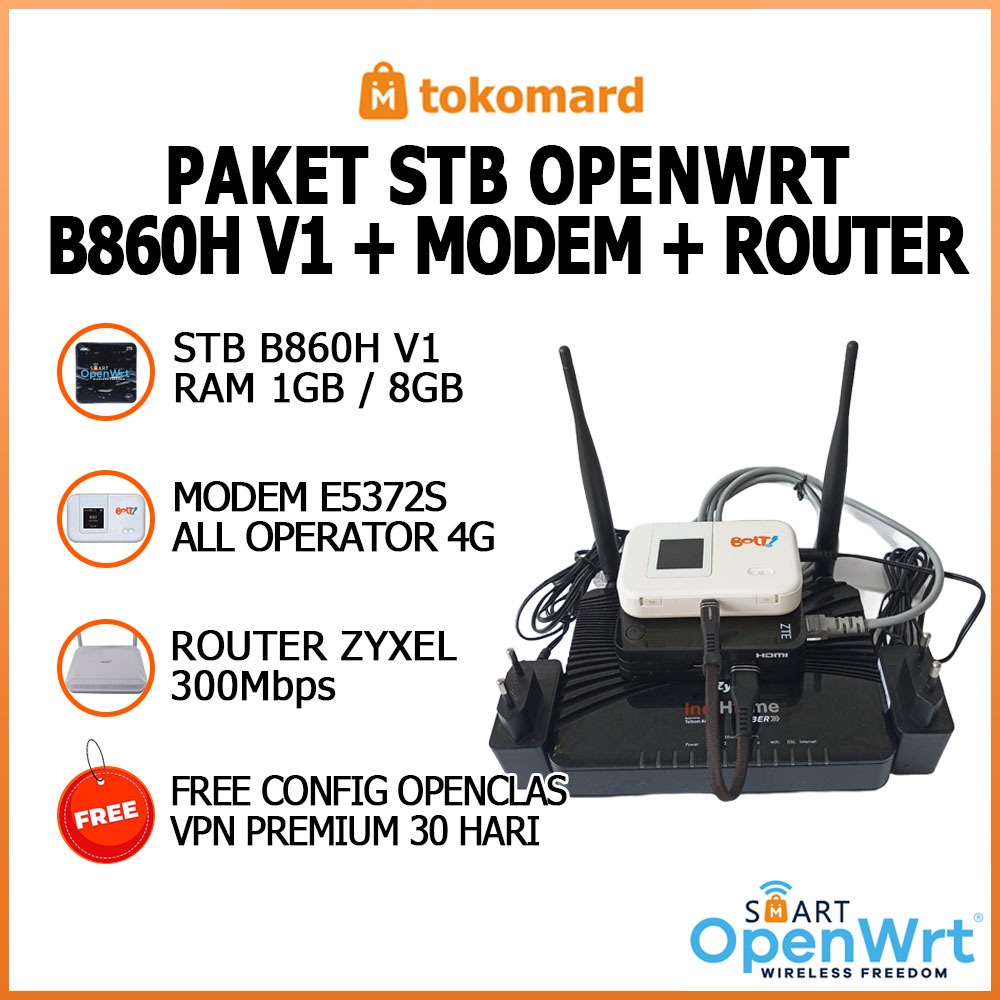 STB OpenWrt Paket Lengkap STB B860H V1 dan Modem Bolt E5372s Unlock All Operator 4G Siap Pakai