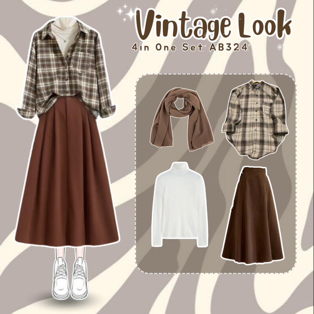 DazzelChic 4 In 1 Set AB324 - One Set Ootd Korean Style Outfit YearBook Vintage Setelan Wanita Kekin