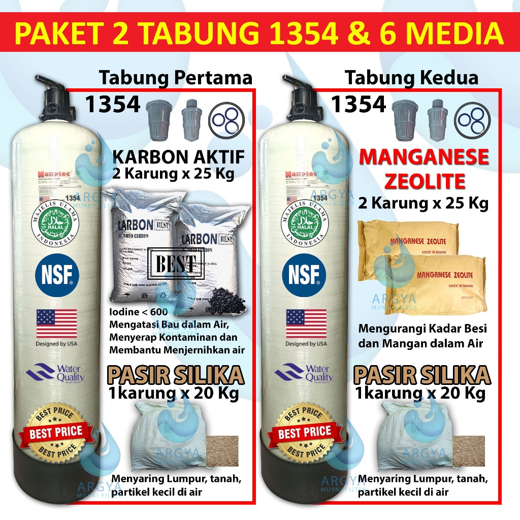 Paket 2 Tabung Media Filter FRP 1354 Nanotec + 2 Head 3 Way Valve + 2 Pasir Silika @20 Kg + 2 Activa