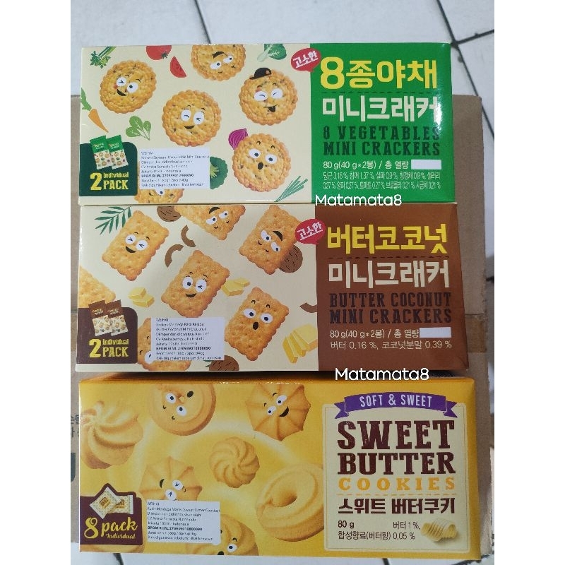 

BISKUIT /WEIHAI/RAON SWEET BUTTER COOKIES/ RAON BUTTER COCONUT MINI/RAON 8 VEGETABLES MINI CRACKERS 80GR