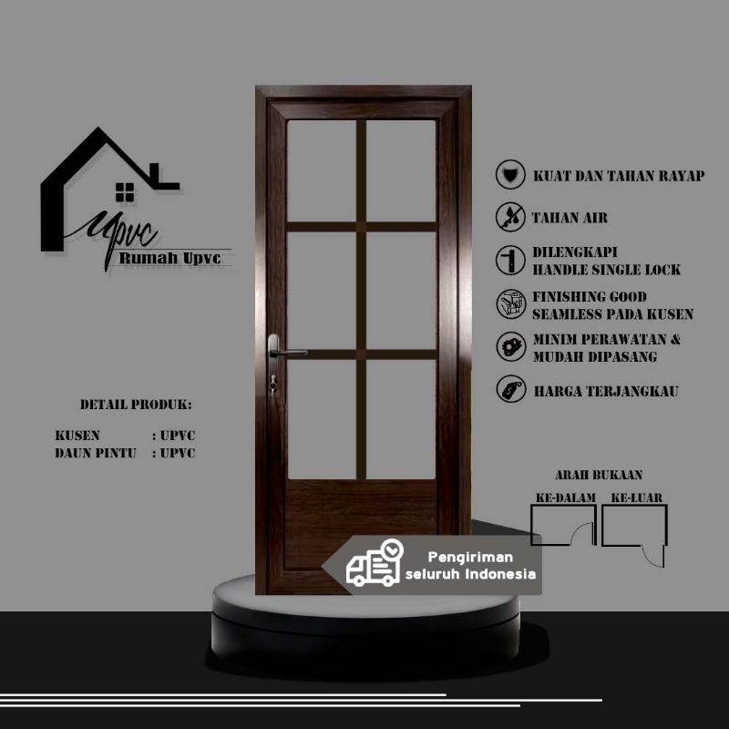 PINTU STANDART UPVC KOMBINASI PANEL KACA-DARK OAK (SERAT KAYU)-PINTU KAMAR,PINTU GUDANG,PINTU GARASI