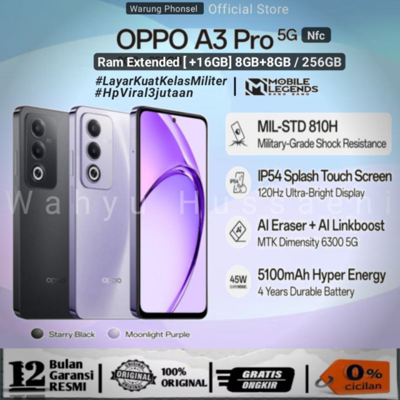 Oppo A3 Pro 5G Nfc Ram 8GB+8GB*/256GB [Extended RAM +16GB] 100% Original GARANSI RESMI 12BULAN OPPO 