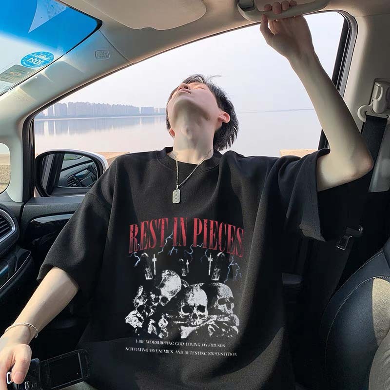 Tengkorak tren Amerika retro Kaos Pria Premium Tebal |Kaos Oversize Pria | Kaos Import baju t shirt 