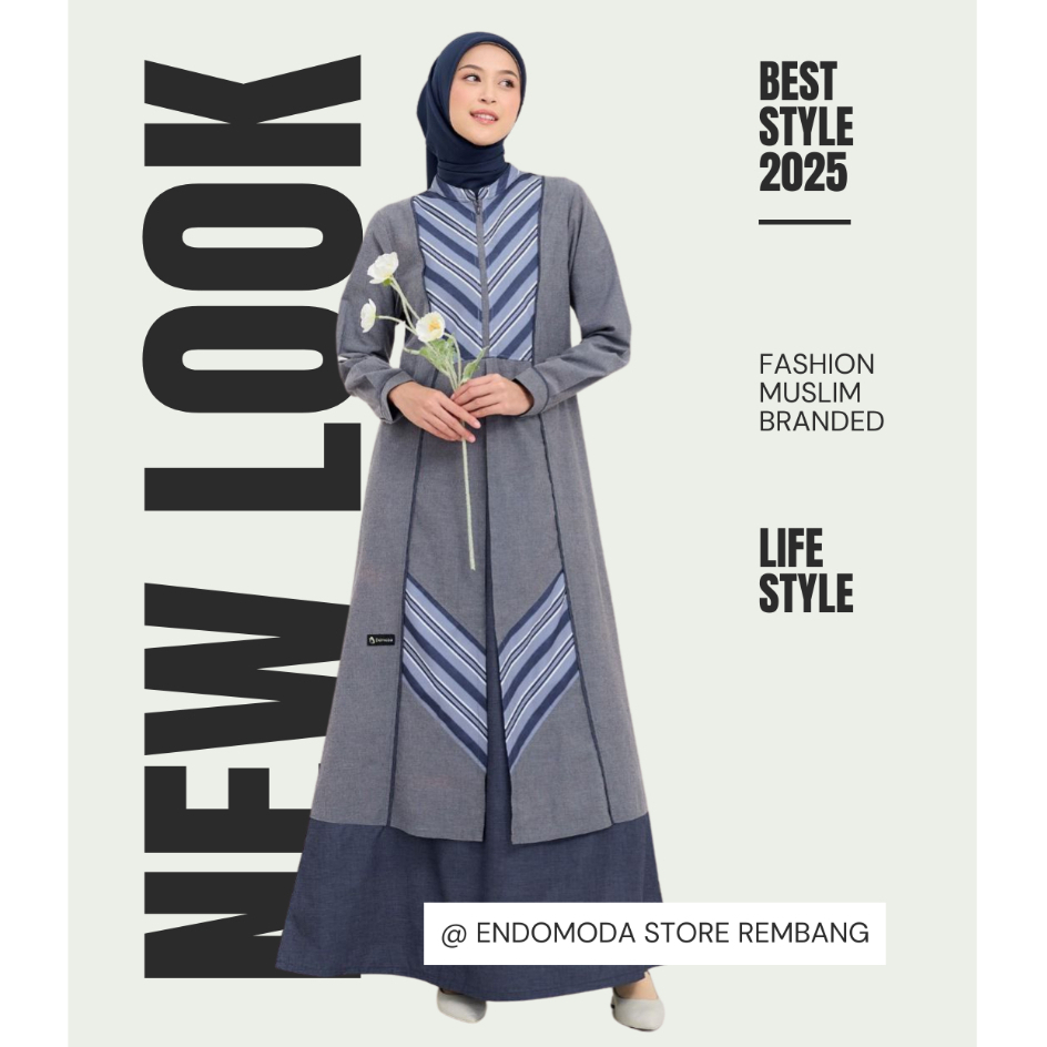 DAMOZA ALENITA NAVY JEANS - BAJU GAMIS TERBARU 2025 KOMBINASI OUTER TEMPEL MODEL KEKINIAN MODEL TERB