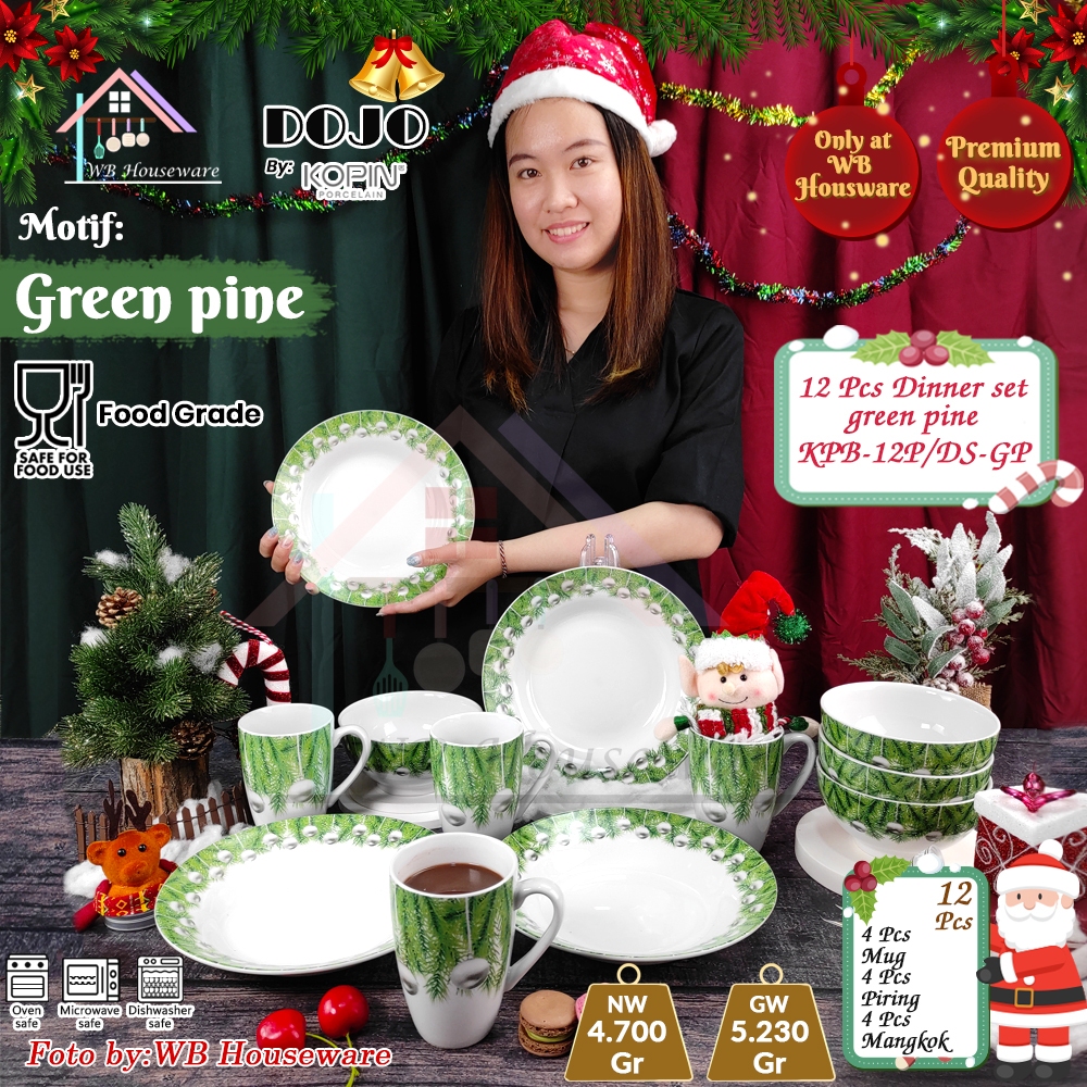 KOPIN 12pcs porcelain dinner set piring gelas mangkok motif green pine special natal christmas / pak