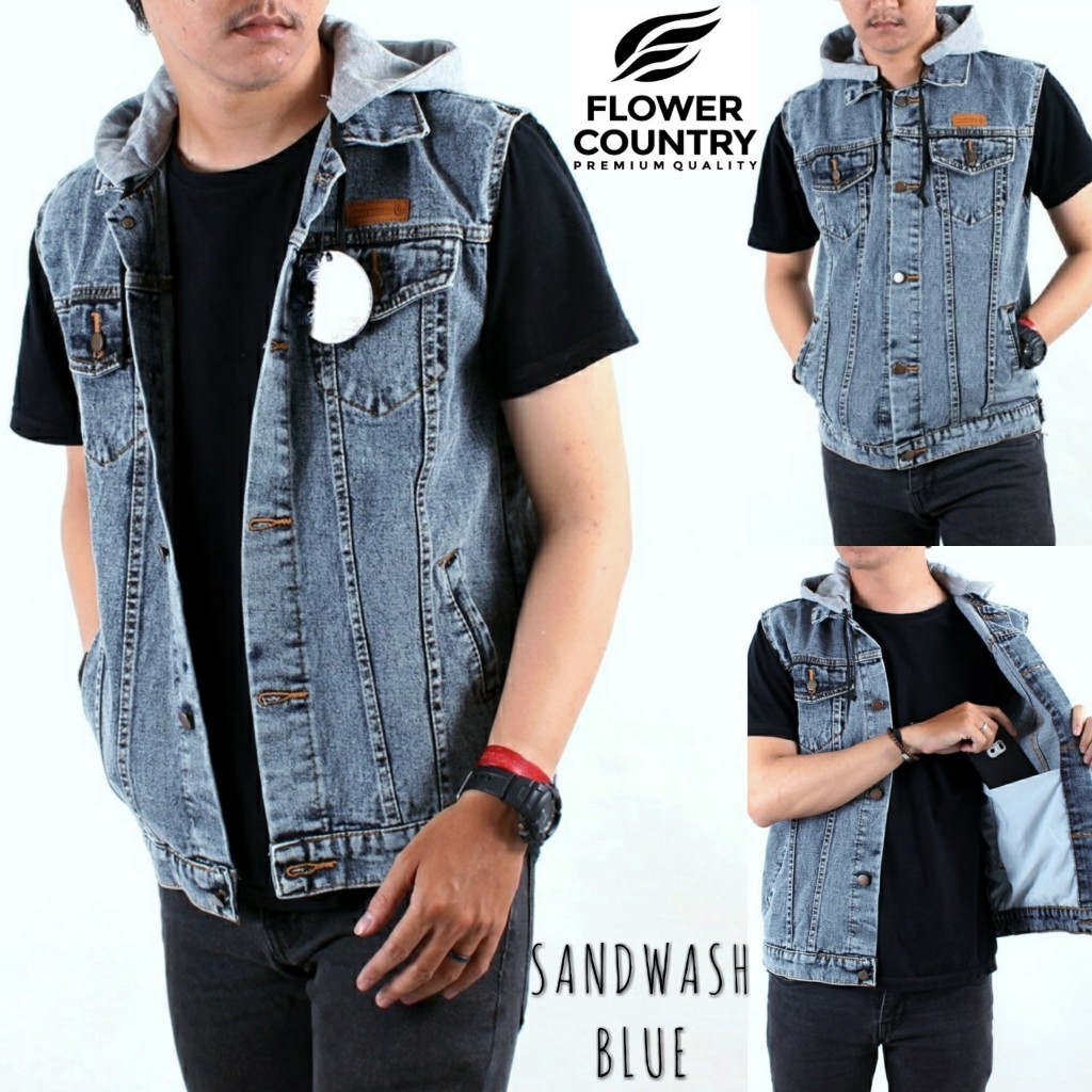 Rompi Jeans Hoodie Pria / Jaket Rompi Sandwash Denim Distro Original Flower Country BIG SIZE JUMBO
