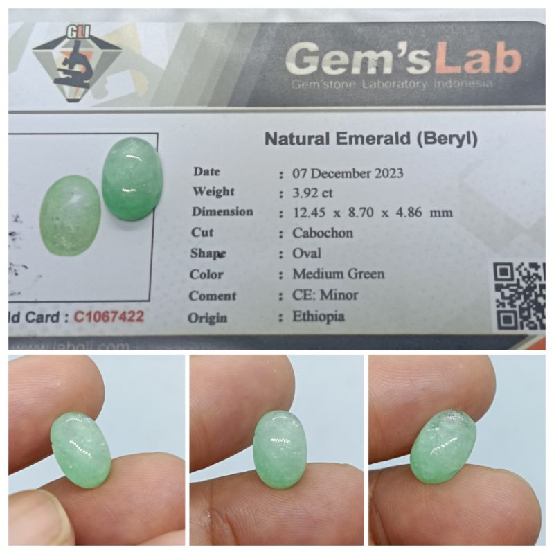 Natural Emerald beryl Ethiopia 3,9ct plus memo mirip Zamrud Columbia