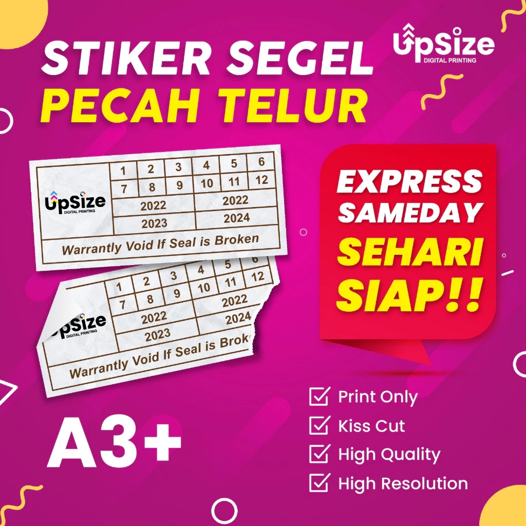 

CETAK STIKER SEGEL PECAH TELUR / SECURITY Uk. A3+ ( 32.5 x 48.5 Cm ) + KISS CUT - SAMEDAY INSTANT