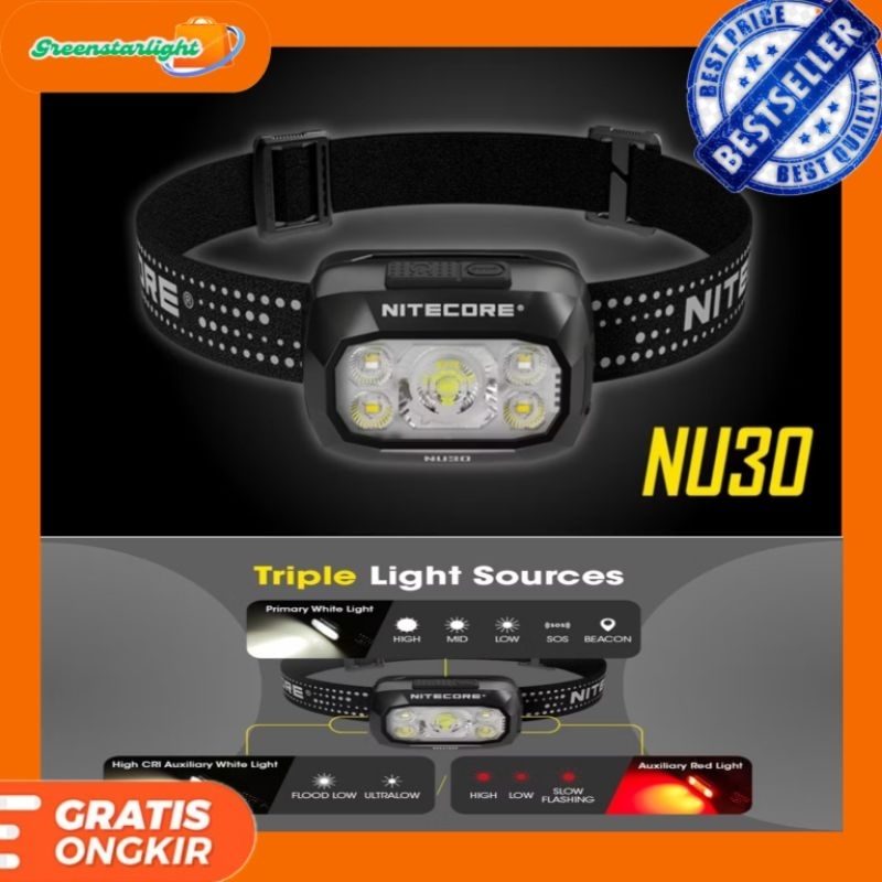 Original Senter Nitecore NU30 Headlamp LED Senter Kepala Triple Output IP66 1500mAh