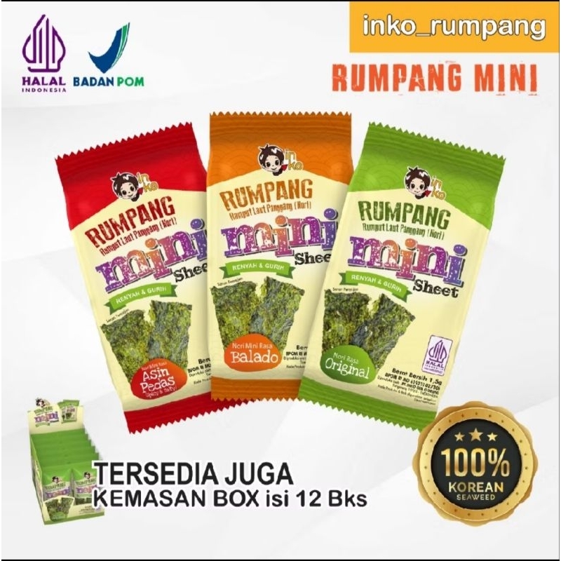 

Inko Rumpang Rumput Laut Panggang / Nori Mini Sheet Original/ Asin Pedas/ Balado 1 box 12 @ 1.5gr