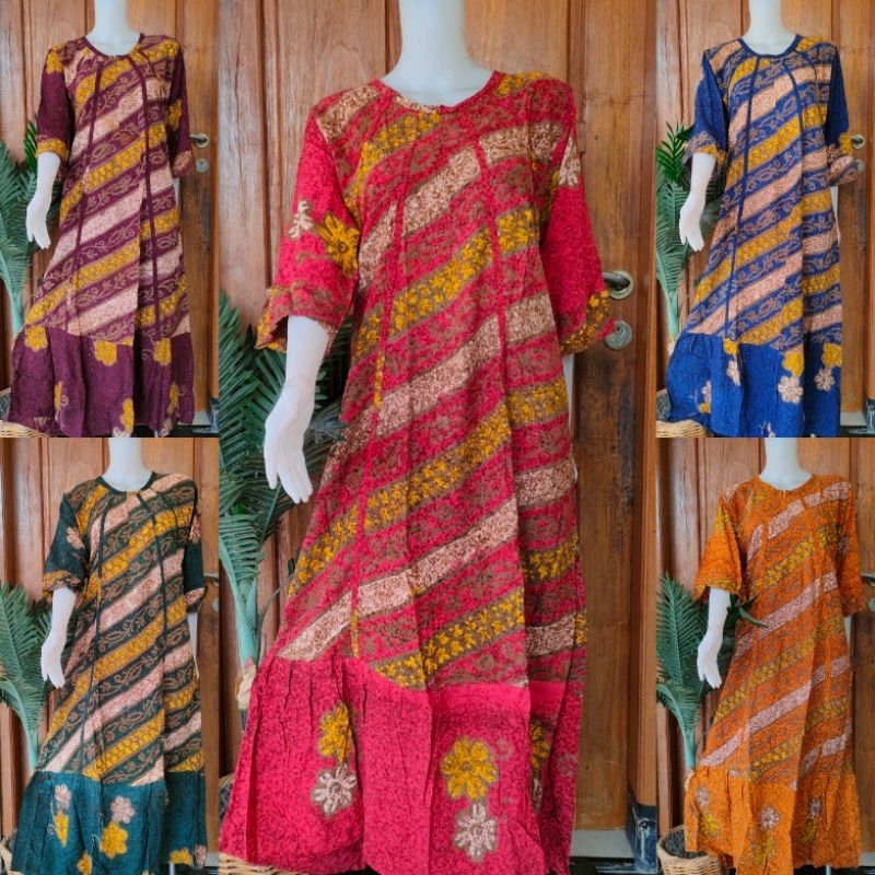 Batik Putri Diana Sekdres Jumbo Batik Tulis Daster Panjang Model Lurus Lengan 7/8 Ukuran XL