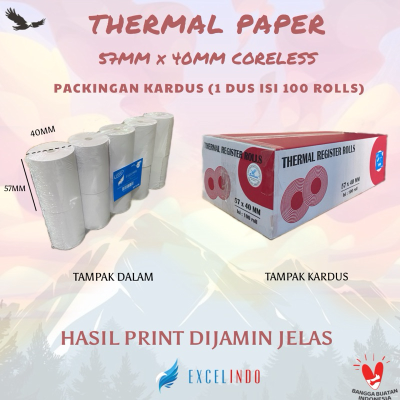 

(1 DUS/100 ROLL) Kertas Kasir Thermal Paper kertas EDC 57x40 CORELESS TANPA TULANG, ISI KERTAS LEBIH BANYAK