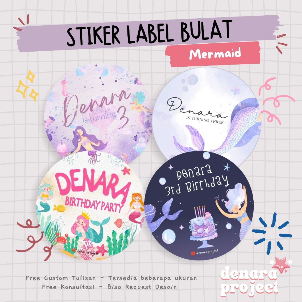 

(50 PCS) Stiker Bulat Custom Bento Hampers Ulang tahun Mermaid