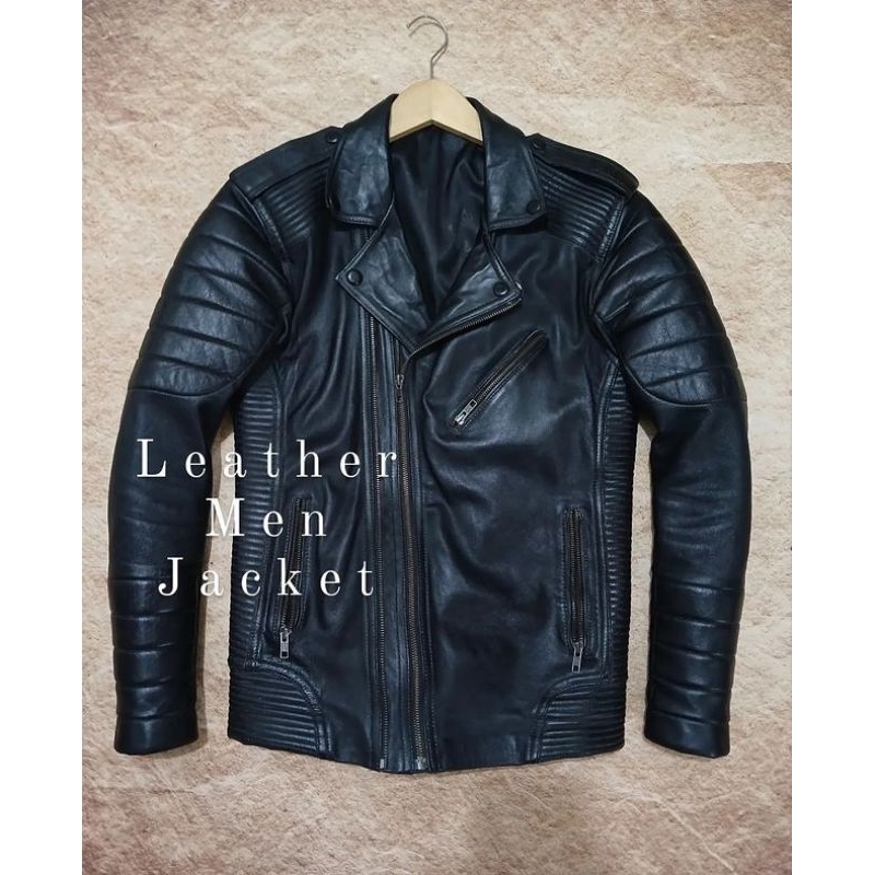 jaket rider pria bahan 100% full kulit asli lembut model slimfit recomend bekas/second/preloved