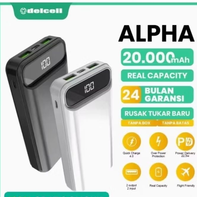 Powerbank delcell alpha 20000 mah real kapasitas. Fast charging. Original bergaransi
