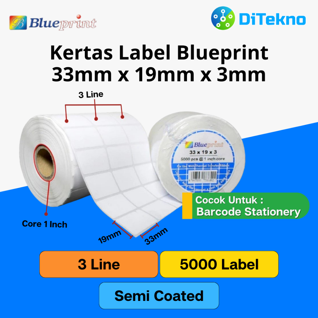 

Blueprint Barcode Semicoated 33x19 3 Line 5000 PCS Kertas Label Stiker