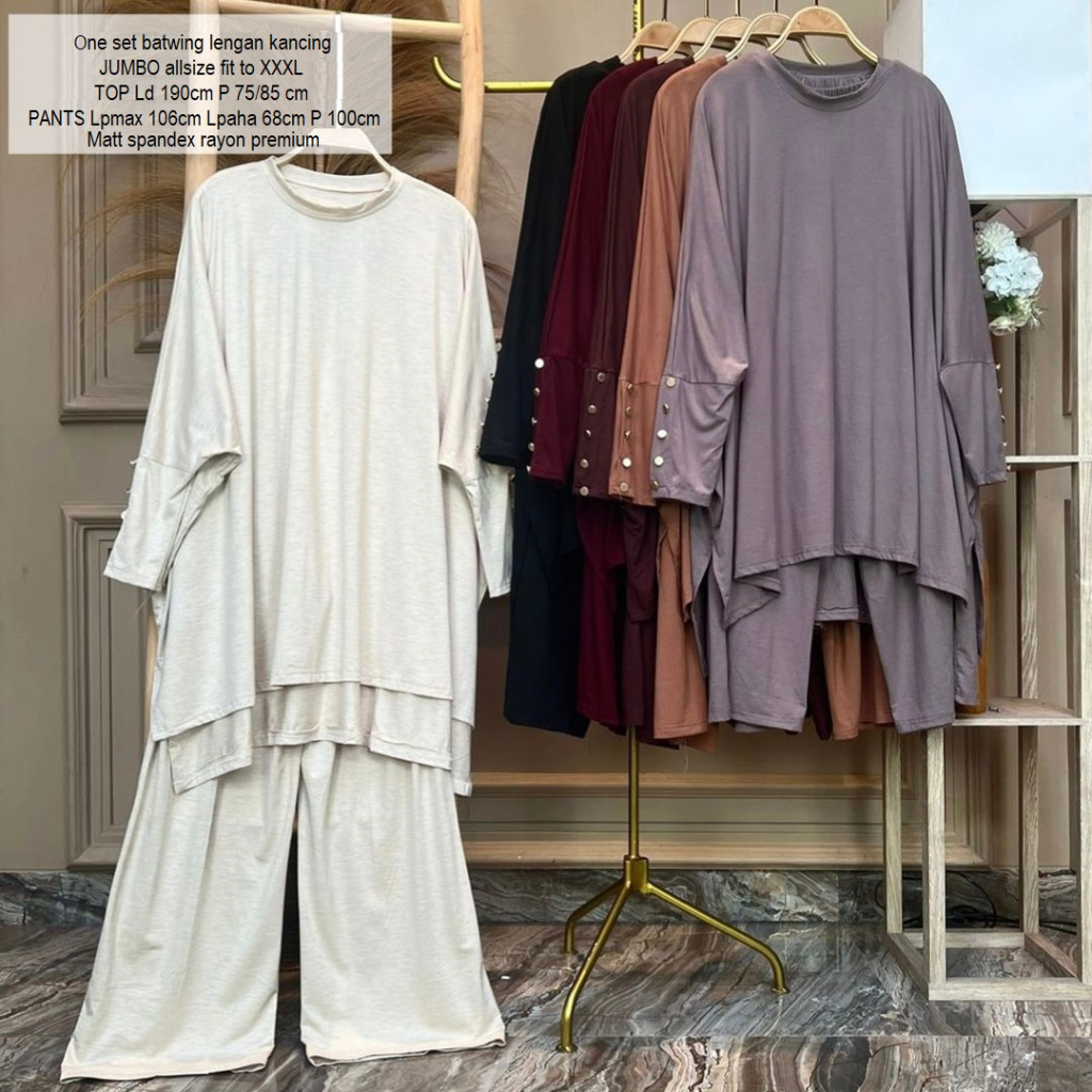 KT2-527 Onet set batwing lengan kancing JUMBO - Allsize fit to XXXL - TOP Ld 190cm P 75/85cm - PANTS