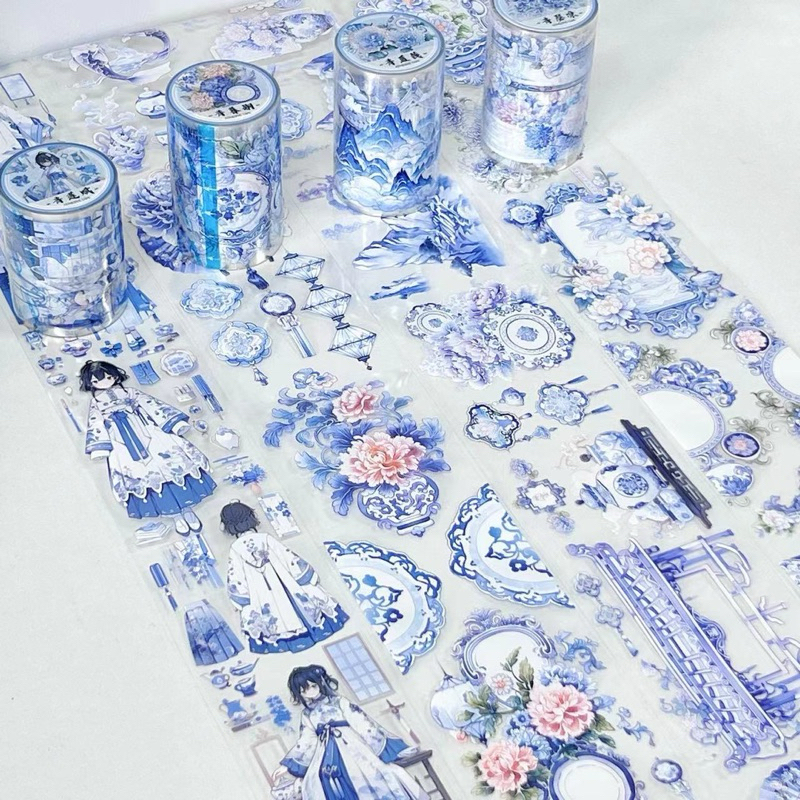 

(8EB) washi tape selotip transparan bunga biru perempuan ancient china wubao blue flower