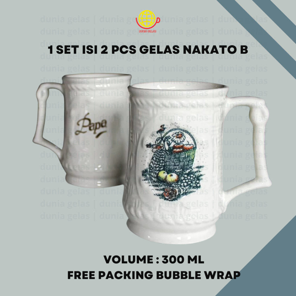 1 Set isi 2 pcs Gelas Mug Nakato B 300 ml / Gelas Keramik Set / Gelas Kado / Cangkir Keramik Motif G