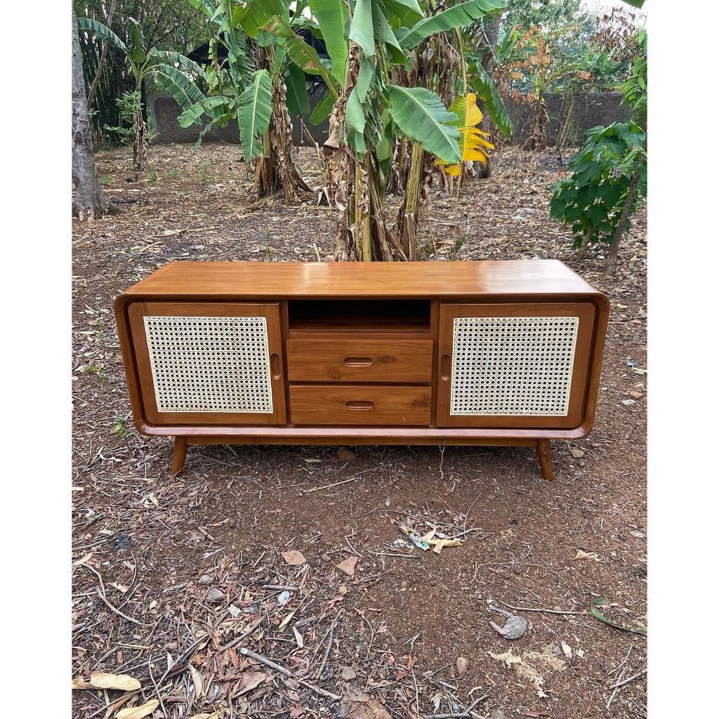 Konsol Tv Kayu Jati Kombinasi Rotan Klasik Retro - Meja Tv Jati Minimalis Modern - Rak Tv Kayu Jati 