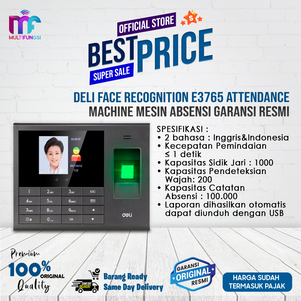 Deli Face Recognition E3765 Attendance Machine Mesin Absensi Garansi Resmi