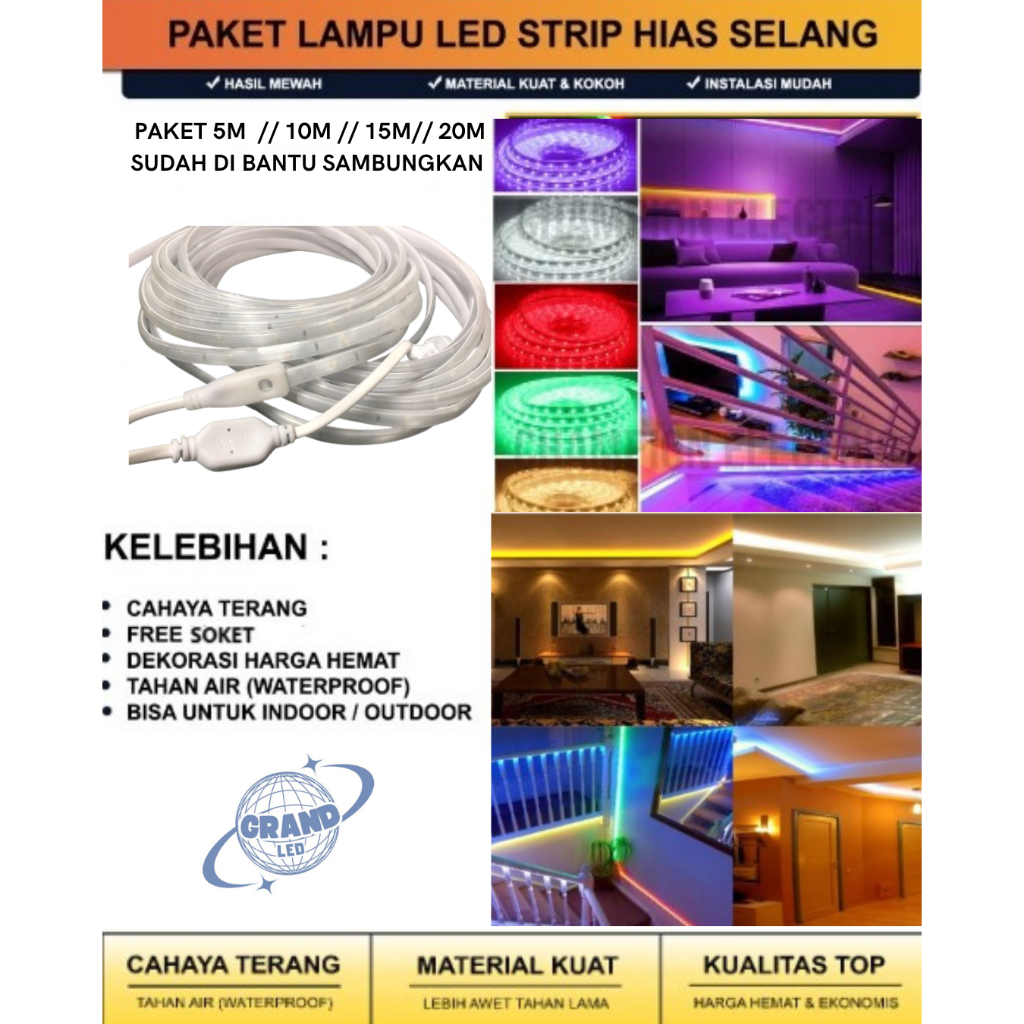 LAMPU SELANG LED STRIP SMD 5050 220V PAKET 5M // 10M  //15M // 20M  FREE ADAPTOR 1PCS ( SUDAH BANTU 