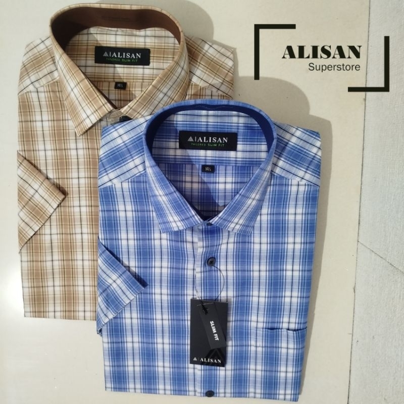 Alisan Kemeja Pria Kombinasi Motif Kotak Kotak Lengan Pendek Slimfit