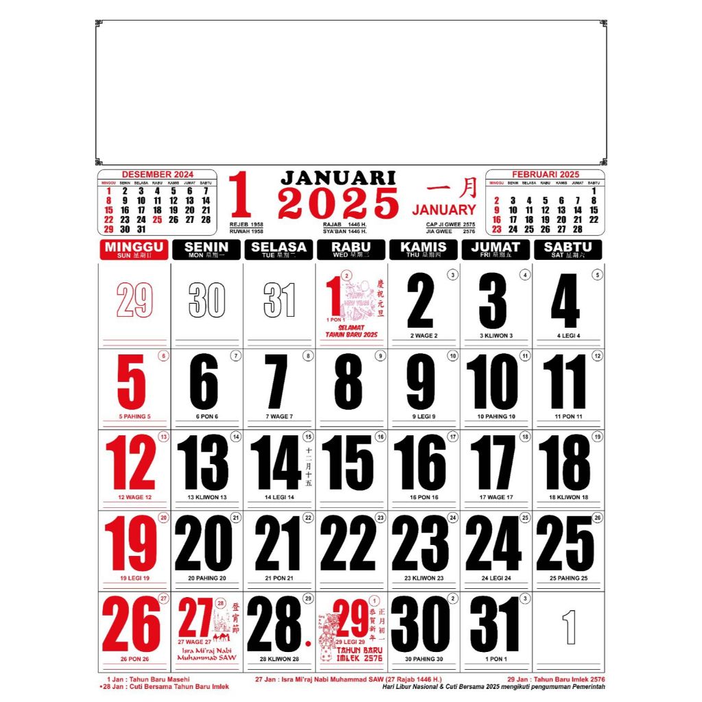 

Kalender dinding /kk jumbo hitam dan warna 2025