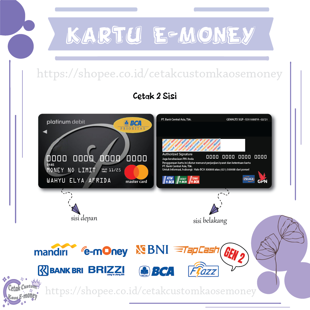 KARTU E MONEY E TOLL CARD PLATINUMDEBIT BCA MASTERCARD CARD EMONEY MANDIRI BNI BRI BCA - 2 SISI