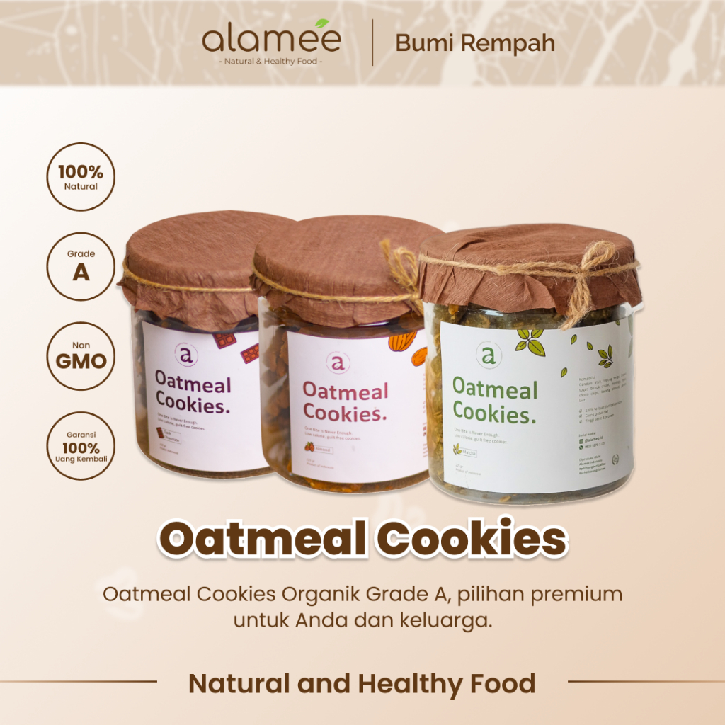 

ALAMEE Oatmeal Diet Cookies - Cemilan Almond Matcha Dark Choco Snack Kue Sehat Healthy Snack 225gr