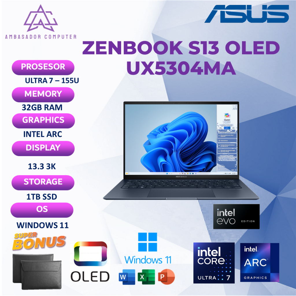 Asus Zenbook S13 OLED Ultra 7 155U 32GB 1TB 3K Windows11+OHS