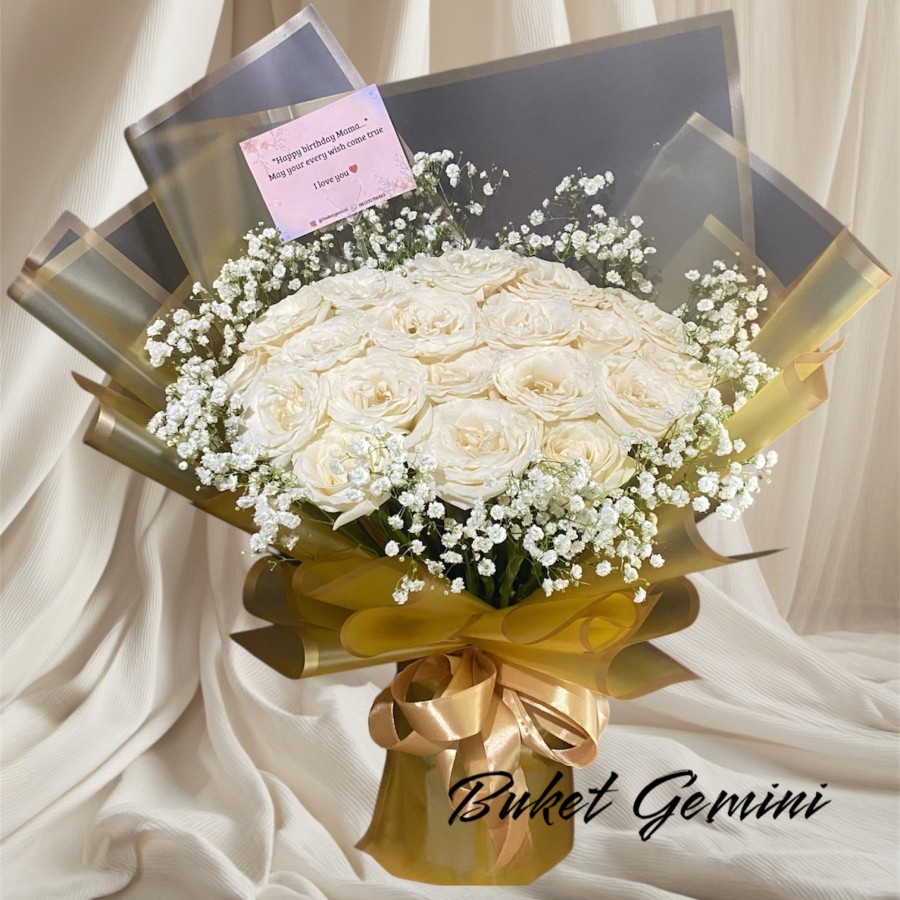 Buket Bunga Mawar Putih Baby Breath Asli, Buket Bunga Segar, Fresh Flowers Bouquet, Buket Pernikahan