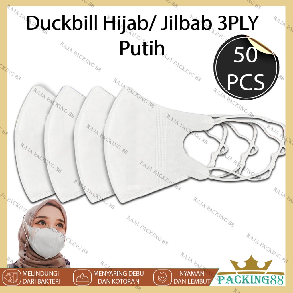 Masker Duckbill 50 PCS HIJAB JILBAB PUTIH WHITE 3 PLY Masker Medis Original Premium Mask Duckbil 3PL