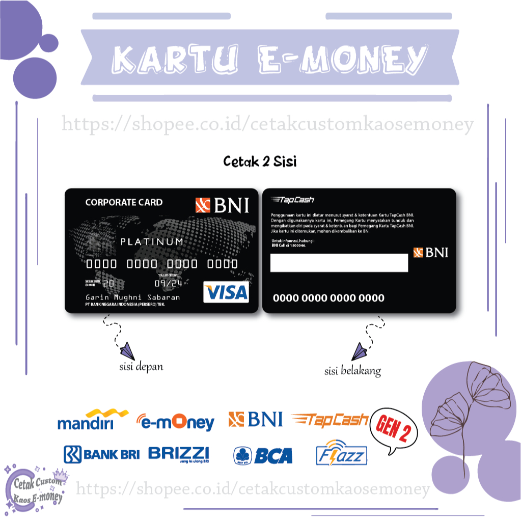 KARTU E MONEY E TOLL CARD BNI PLATINUM VISA BLACK EMONEY MANDIRI BNI BRI BCA - 2 SISI