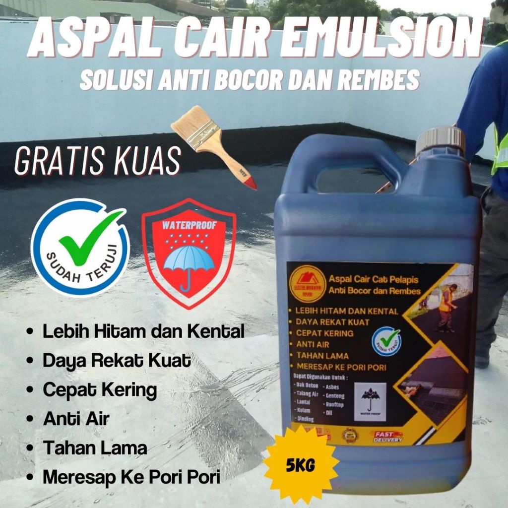 Asphalt Emulsion 5kg Cat Pelapis Dinding Tembok Retak Kolam Genteng Asbes Anti Air Tahan Cuaca Musim