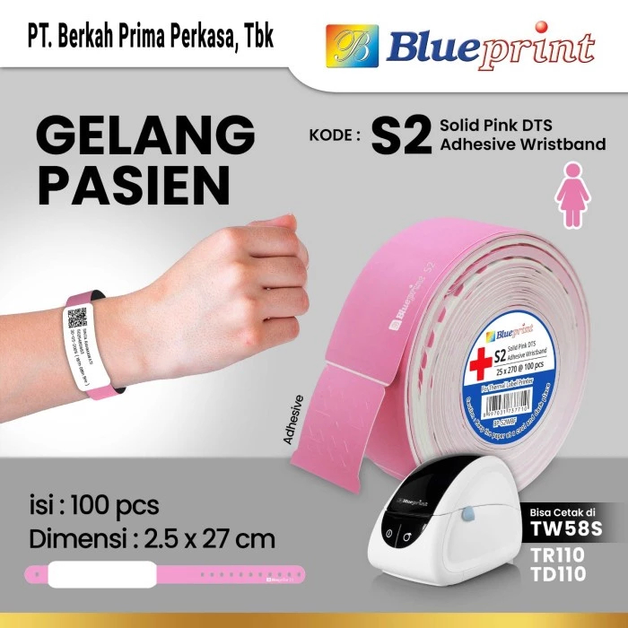 

Blueprint - Gelang Pasien Dewasa 25x270mm - Stiker Wristband Medic 700 - S2 Solid Pink